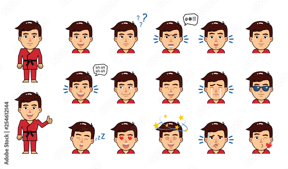 Vector de Stock Set of sportsman in red kimono emoticons. Martial art ...