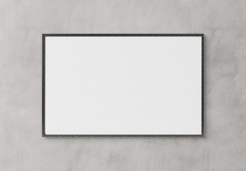 Poster - Black rectangular horizontal frame hanging on a white wall mockup 3D rendering