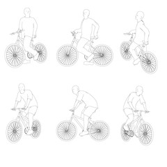 Set with contours of a person on a bicycle in different positions. The contours of a man sits and rides a bicycle. Vector illustration