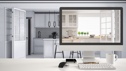 Architect designer project concept, white desk table with computer desktop showing kitchen project, unfinished sketch draft in the background, white interior design