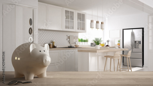 Wooden Table Top Or Shelf With White Piggy Bank With Coins