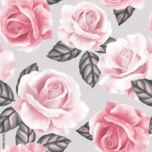 Seamless pattern with flowers and leaves. Delicate floral background with ros...