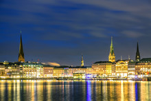 Binnenalster Lake With Illuminated City Center In Hamburg, Germany During Twilight Sunset.
