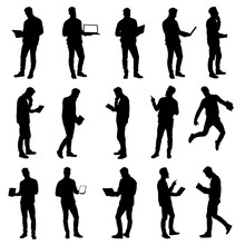 Set Of Working Business Man Using Laptop And Tablet Silhouettes. Easy Editable Layered Vector Illustration.