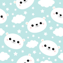 White bear bunny face. Seamless Pattern. Cloud in the sky. Cute cartoon kawaii funny smiling baby character. Wrapping paper, textile template. Nursery decoration. Blue background. Flat design