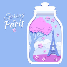 Illustration In The Style Of Paper Cutting. On The Theme Of Spring In Paris. Eiffel Tower And Flowering Tree Inside The Bottle.