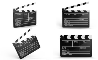 Set of closed and open movie clapper or clapperboard isolated on white background. Black film clapper with fields for your text. The subject of the film industry. 3D Illustration