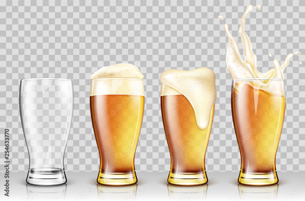Set of various full and empty beer glasses. Isolated on transparent background. Realistic vector illustration - obrazy, fototapety, plakaty 