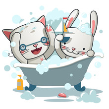 Cute Cat And Rabbit  Bath - Vector