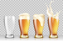Set Of Various Full And Empty Beer Glasses. Isolated On Transparent Background. Realistic Vector Illustration