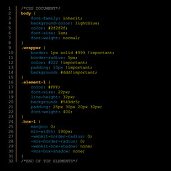Simple website CSS code with colourful tags in editor page with dark background. CSS code example Vector illustration.