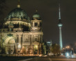 Berliner dom with Tv tower in Berlin at night. Berlin tourism and travel concept. Night cityscape of Berlin
