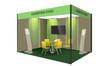 Exhibition stand display design with table and chair, info board. Commercial exhibition Booth template for Corporate identity. Vector illustration.