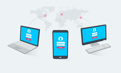 Poster - Computer, phone and laptop in different angles with login page on screens and world map in the background. Modern flat design graphic elements.