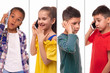 © rozaivn58 - Studio  collage  of the  smiling schoolchilds of different races talking on the phone on a white background.