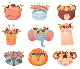 Wall Mural - collection colored cartoon animals. vector flat illustration.