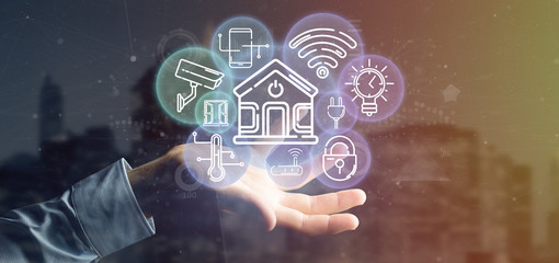 Poster - businessman holding smart home interface with icon, stats and data 3d rendering