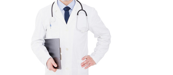 Portrait of confident medical doctor on white background isolated, cropped image.