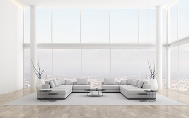 Aufkleber - View of white double space living room in minimal style with twin sofa and furniture on laminate floor .Interior design with high glass panel on city background. 3d rendering.	
