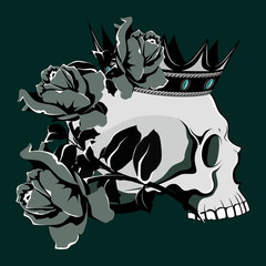 Wall Mural - Vector image of a skull in a crown and roses. Image on dark gray background.