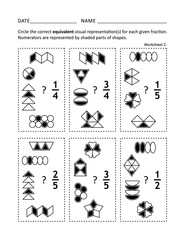 Math worksheet for students of all ages. Learn, reinforce fractions math skills for children. Prevent alzheimer for adults. Equivalent fractions. Visual or pictorial fraction representations. 