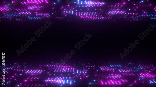 Photographie 3d abstract art background render, circles and dots on the black, retrowave and synthwave illustration