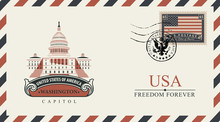 Vector Postcard Or Envelope With Famous Washington Capitol Building And Inscriptions. Postcard With Postmark In Form Of Coat Of Arms And Postage Stamp With Flag Of USA