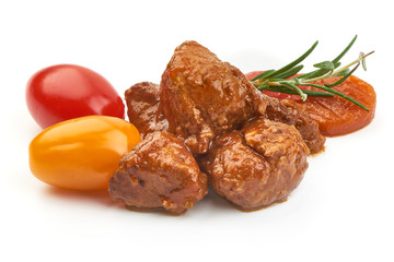 Stewed Beef meat pieces, traditional homemade European goulash, Hungarian bograch, close-up, isolated on white background