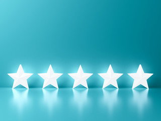 Aufkleber - Five glowing light stars standing on green blue pastel color wall background with reflections and shadows 3D rendering