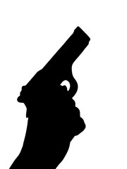 A gun held in the hand pointing up black silhouette