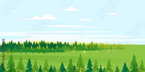 Spruce Tops Forest Summer Landscape Background In Simple Geometric