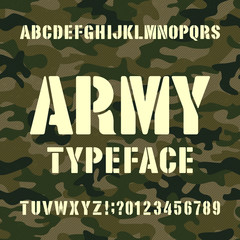 Poster - army alphabet typeface. stencil letters and numbers on distressed camo background. vector font for y