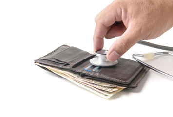 Wall Mural - Hand man checking open wallet with stethoscope isolated on white background. Concept of financial crisis and saving health insurance