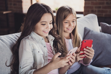 Poster - Profile side view portrait of two nice sweet lovely attractive fascinating charming cheerful girls sitting on divan enjoying device gadget in house loft industrial interior style