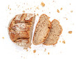 Sliced bread isolated on  white background. Crumbs and fresh Bread slices close up. Bakery, food concept. Top view