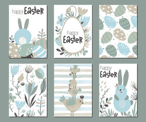 Wall Mural - Vector collection of six Easter cards with rabbits, chicken and flowers.