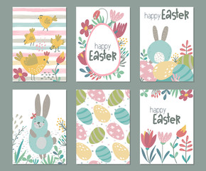 Wall Mural - Vector collection of six Easter cards with rabbits, chicken and flowers.