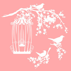 Wall Mural - open cage and birds sitting on a blooming sakura tree branch - spring season garden vector silhouett