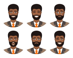 Set of mens avatars expressing various emotions: joy, sadness, laughter, tears, anger, disgust, cry. Businessman with dark curly hair and brown eyes. Cartoon character isolated on a white background. 