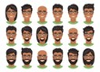 Set of mens avatars with various hairstyles: long or short hair, bald, with beard or goatee. Brown eyes, dark skin, black hair and glasses. Cartoon portraits isolated on white background. Flat style. 