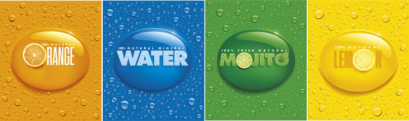 many fresh drops on different color backgrounds with lemon, orange, mojito, water