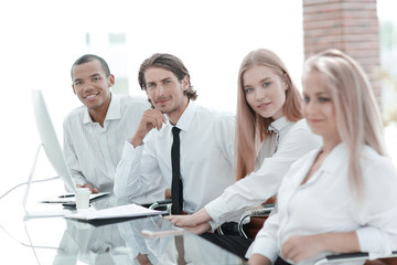 Wall Mural - portrait of friendly business team in office.