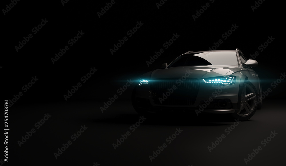 Stylish car on a black background with led lights on. Futuristic modern vehicle head light xenon on dark. 3d render - obrazy, fototapety, plakaty 
