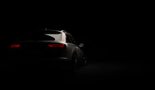 Stylish Car On A Black Background With Led Lights On. Futuristic Modern Vehicle Head Light Xenon On Dark. 3d Render