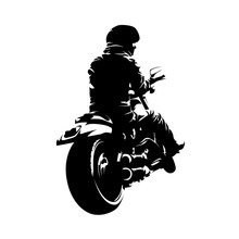 Biker Sitting On Chopper Motorcycle. Rear View. Isolated Ink Drawing, Vector Silhouette