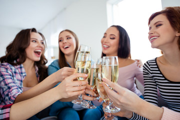 Wall Mural - Portrait of nice-looking cute lovely charming attractive cheerful cheery ladies clinking wine wineglass sparkles great event greetings in light white interior room indoors