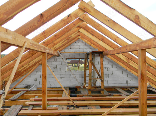 Unfinished Attic House Roofing Construction Trusses Wooden