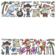 Vector set of pirates children's drawings icons in doodle style. Painted, colorful, pictures on a piece of paper on white background.