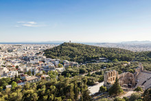 Greece, Athens, View On Odeon, Theater Of Herodes Atticus, Philopappos Monument, Piraeus In Background