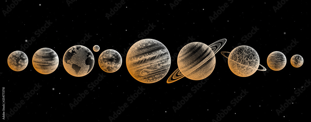 Collection of planets in solar system. Engraving style. Vintage elegant science set. Sacred geometry, magic, esoteric philosophies, tattoo, art. Isolated hand-drawn vector illustration